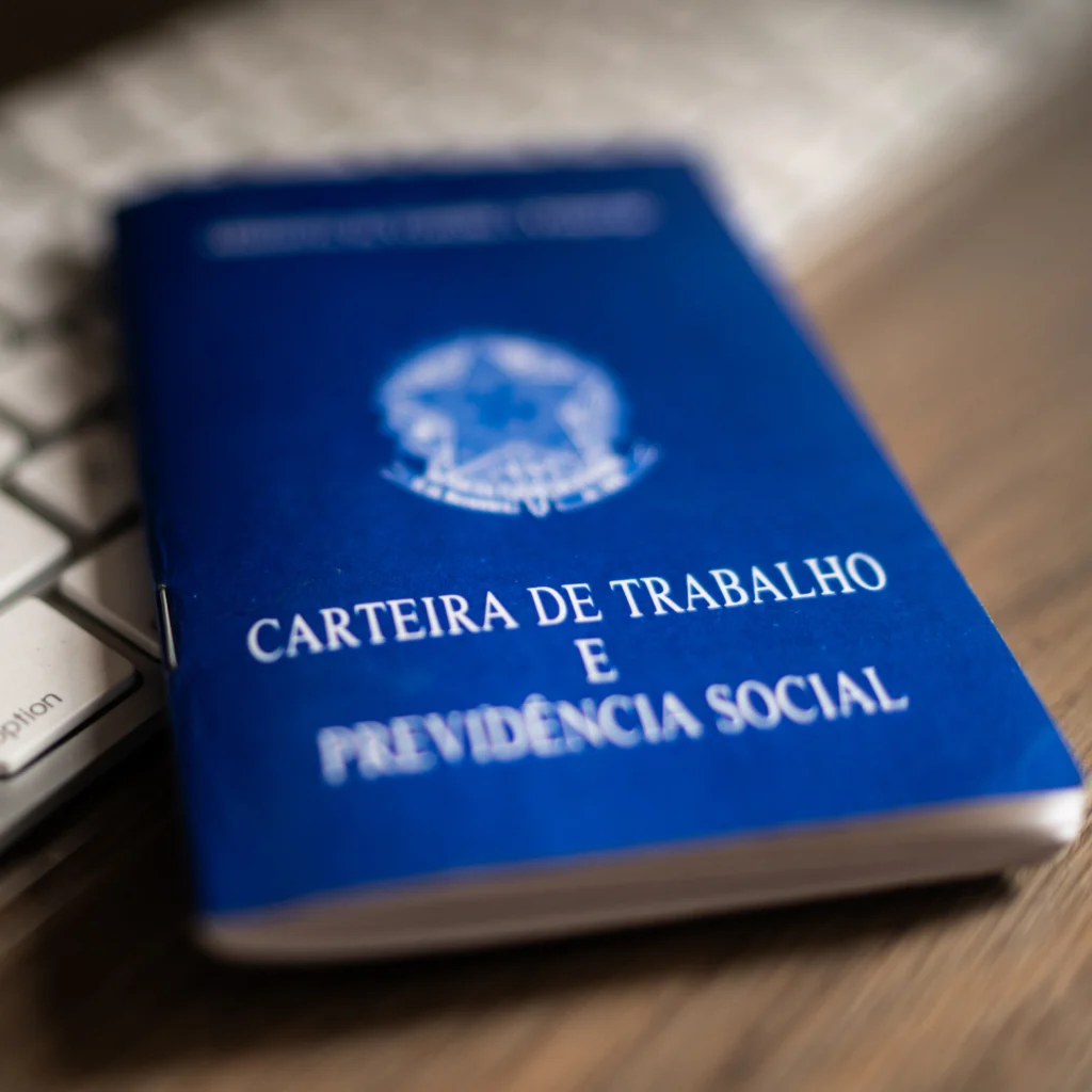 Carteira de Trabalho e Previdência Social (CTPS) azul sobre mesa de madeira, simbolizando a proteção dos direitos do trabalhador
